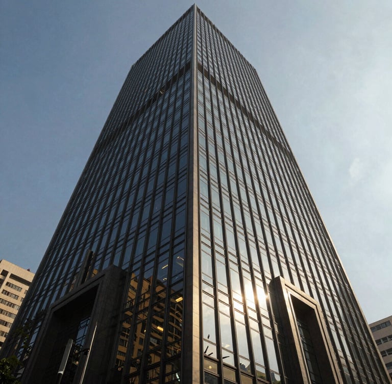 Wide-angle architectural crop of a modern glass financial tower in Mumbai, sharp daylight shadows, deep navy tones, editorial corporate photography style, 35mm