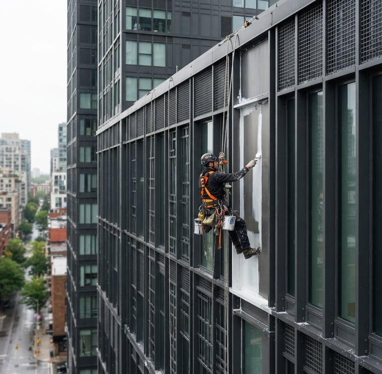 Professional architectural photography, painter in orange safety harness working on a modern graphite building exterior, overcast daylight, sharp focus, 35mm