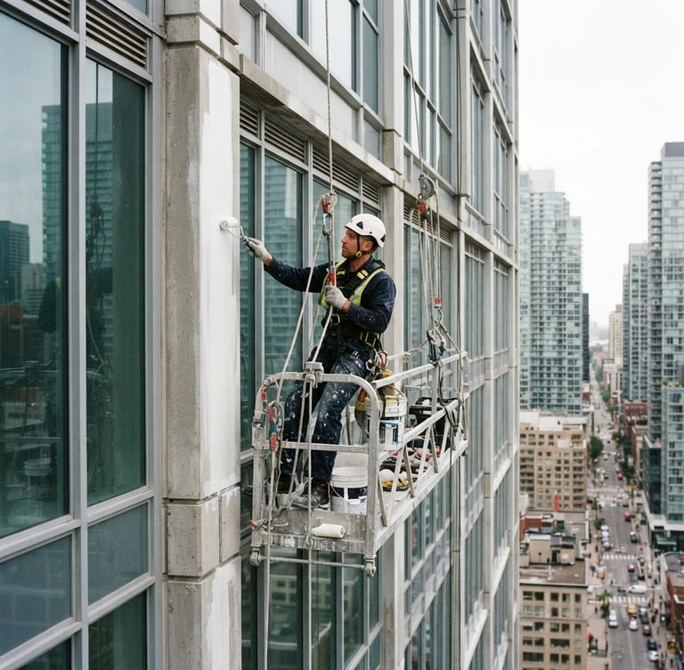 Professional industrial painter in safety harness and helmet working on a modern high-rise building exterior, safety ropes visible, bright overcast daylight, sharp focus on building facade, 35mm