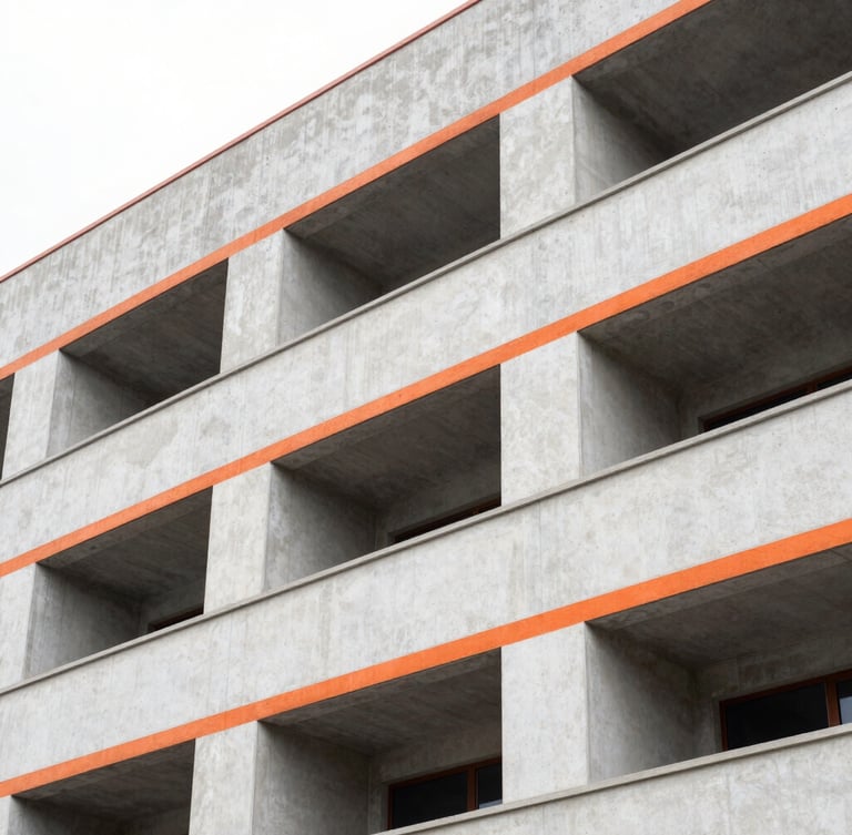 Detailed architectural close-up of a perfectly painted concrete building facade, clean safety orange line markings, sharp focus, bright overcast daylight