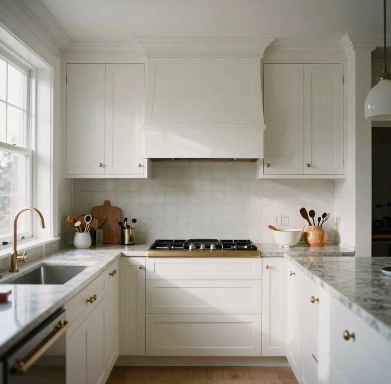 Straight-on architectural photography of a finished luxury kitchen in Vancouver, custom white oak millwork, warm brass accents, soft natural light from a side window, high-end interior design, 35mm film.