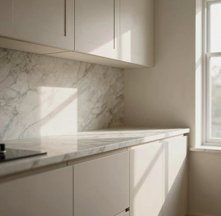 Detailed architectural shot of custom kitchen cabinetry meeting a marble countertop perfectly, soft north-facing daylight, warm neutral tones, high-end craftsmanship.