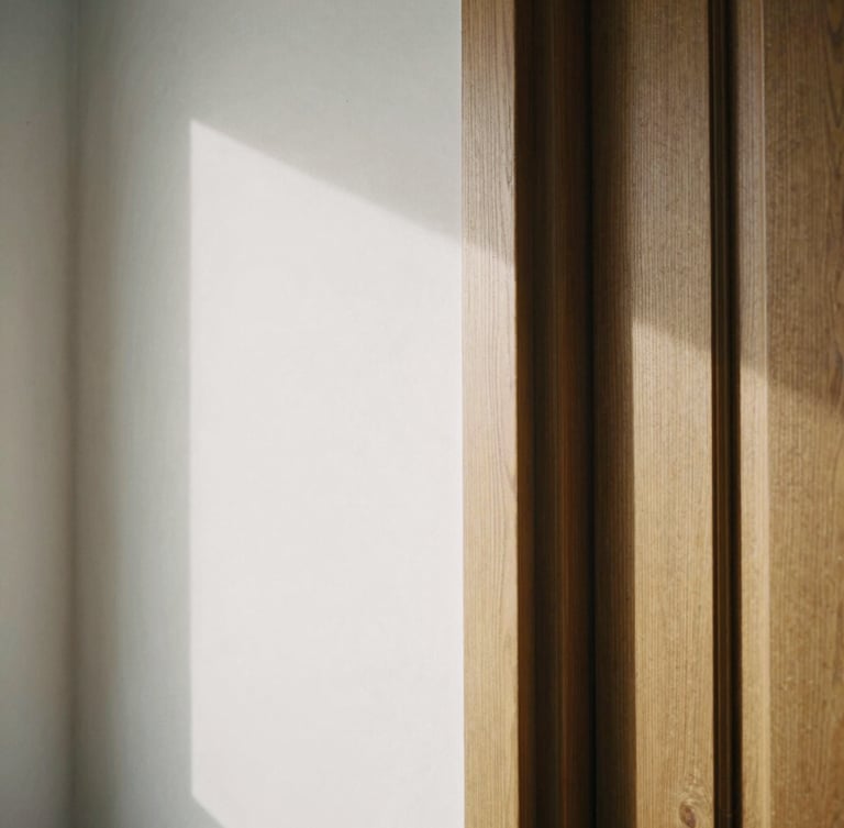 Tight architectural detail shot, soft side lighting, custom oak door frame meeting a plaster wall with a perfect shadow gap reveal.