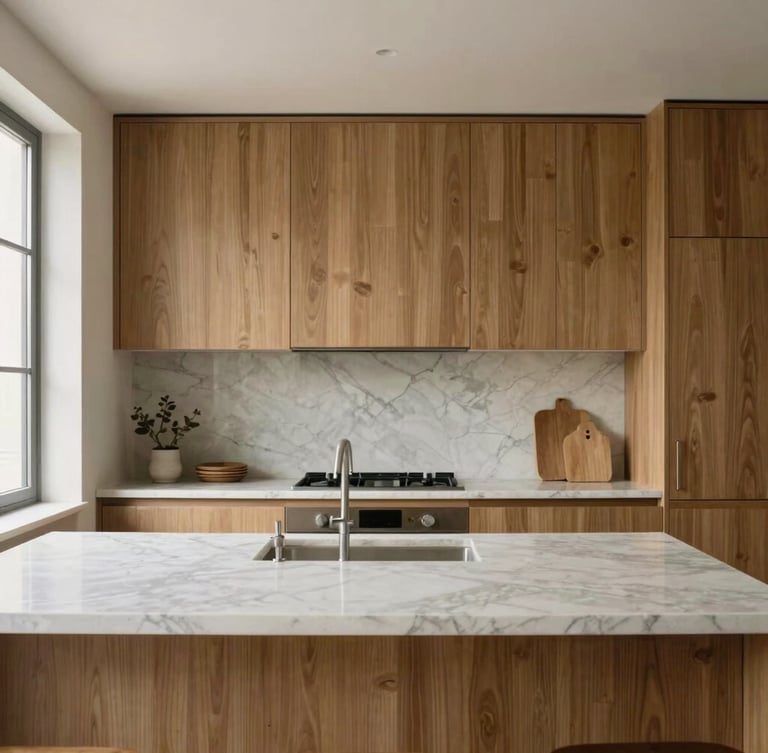 Straight-on architectural photograph of a luxury kitchen with custom oak millwork, seamless marble countertop, soft natural daylight, warm minimalist aesthetic