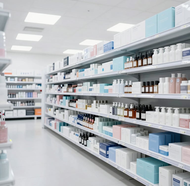 Wide-angle clean warehouse environment with high-key lighting, organized shelves of cosmetics, bright white and soft slate blue tones.