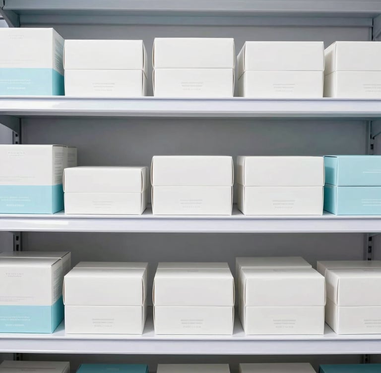 Straight-on commercial product photography of neatly organized wholesale beauty boxes on clean steel shelves, bright high-key studio lighting, soft blue accents.