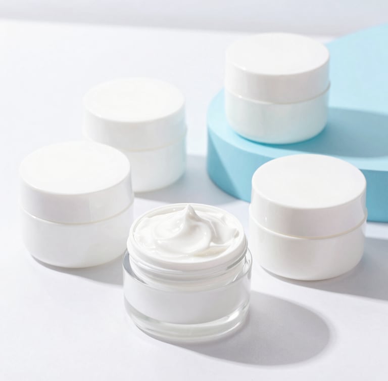 Bright high-key commercial photography of neatly arranged cosmetic containers on clean white and soft blue surfaces, sharp focus