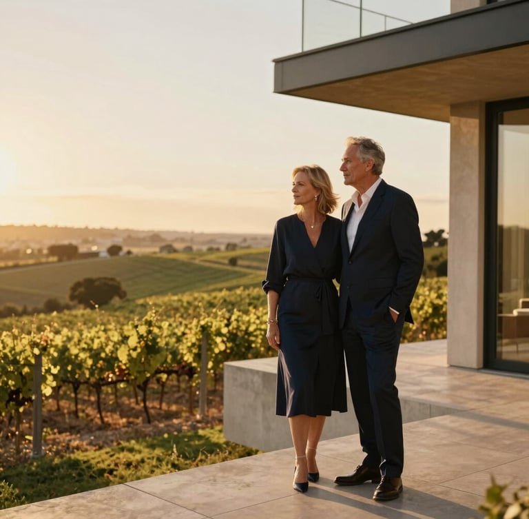Wide environmental portrait of an elegant mature couple standing on the terrace of a modern architectural estate at golden hour, overlooking rolling vineyards, warm sunlight, rich gold tones, shallow depth of field, 35mm