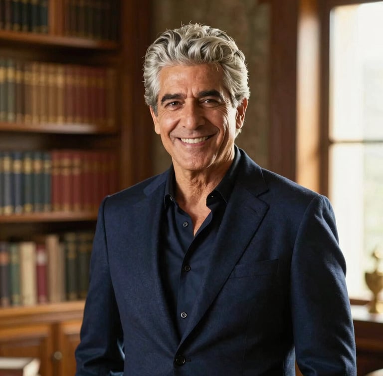 Portrait of Diego Salazar, a handsome silver-haired Spanish gentleman in his late 50s wearing a tailored navy blazer, smiling warmly in a sunlit private library, warm lighting, shallow depth of field