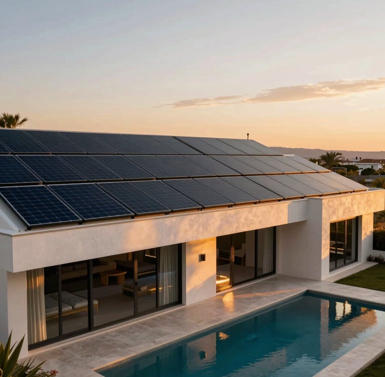 Wide architectural shot of a modern luxury villa in Spain at sunset, sleek black solar panels seamlessly integrated into the flat roof, golden hour light reflecting on a clean pool, warm editorial photography, 35mm.