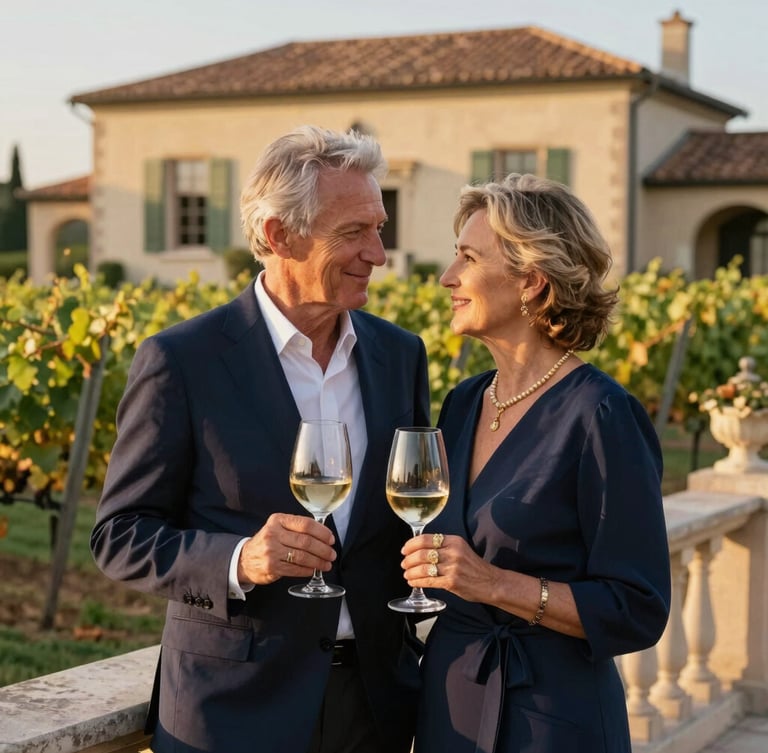 Elegant mature couple enjoying golden hour on a private estate vineyard terrace, holding wine glasses, warm lighting, architectural background, shallow depth of field, 35mm