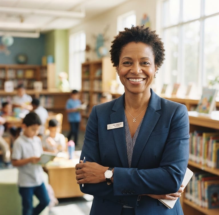 A warm, professional portrait of an elementary school principal smiling in a bright, sunlit modern library, shallow depth of field, 35mm