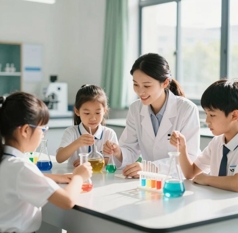 A bright, modern science lab where a smiling teacher guides elementary students through a safe, colorful chemistry experiment, natural daylight, soft green accents, shallow depth of field.