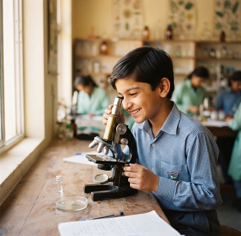 Bright natural photography of a young Pakistani boy smiling while looking through a microscope in a sunlit science lab, soft green accents, 35mm shallow depth of field