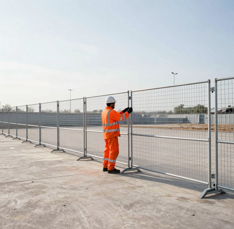 A professional field crew member in high-visibility orange safety gear setting up steel temporary fencing panels on a bright morning, clean composition, wide-angle lens