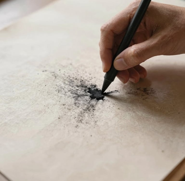 Close-up of hands smudging charcoal on heavily textured parchment paper, soft directional side-lighting, 35mm