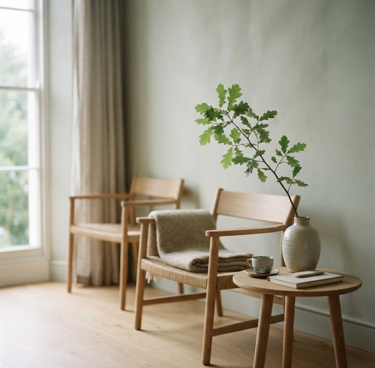 A quiet, architectural therapy office with soft north-facing daylight, minimalist oak chairs, a single green branch in a ceramic vase, shallow depth of field, calm editorial photography style.