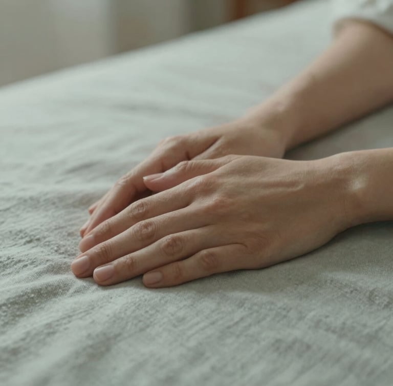 A close-up portrait-oriented shot of hands resting calmly on a soft linen lap, warm diffused morning light, shallow depth of field, peaceful and grounded atmosphere.