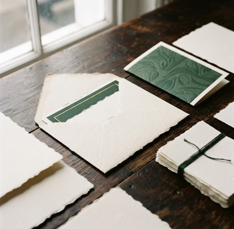 Moody editorial photography, soft overcast London daylight, close-up of tactile print collateral on a dark wooden table in a Covent Garden studio, 35mm film.