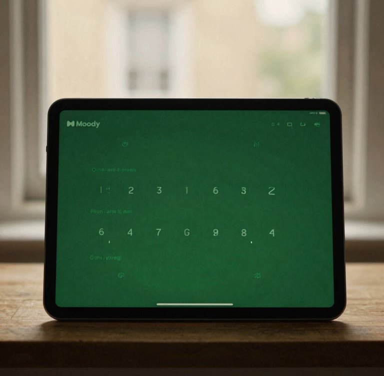 Moody editorial photography of a clean performance dashboard displayed on a high-end tablet, warm cream and forest green UI, moody window shadows, 35mm film