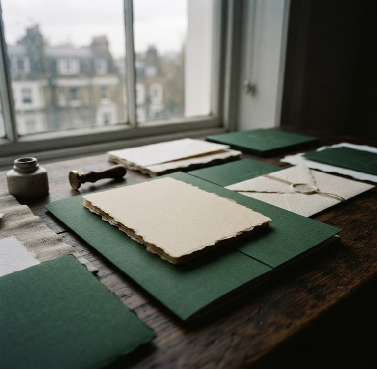 Close-up editorial photograph of tactile print collateral on a dark oak table, soft overcast London daylight filtering through a window, casting moody shadows, forest green and warm cream tones, 35mm film.
