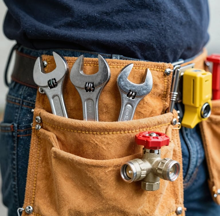 A close-up of a plumber's tool belt with wrenches and a water shutoff valve, bright work-light, detailed documentary style, 35mm