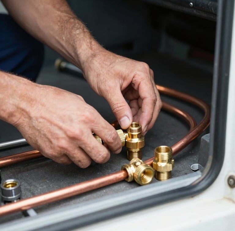 Close-up of a technician's hands organizing brass fittings and copper pipes inside a brightly lit utility truck, sharp focus, detailed documentary style, 35mm