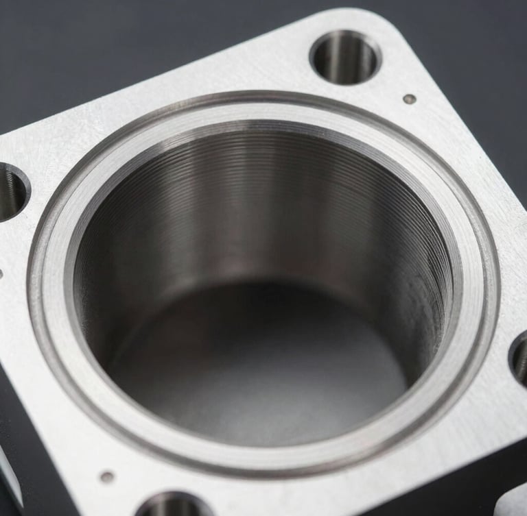 High-contrast macro photograph of a CNC machined cylinder head port, highlighting the ultra-smooth surface finish profile and precise valve seat angles, cool metallic lighting