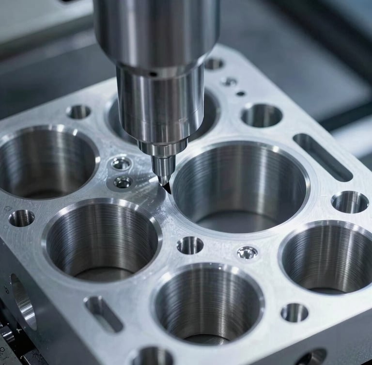 Extreme close-up of a five-axis CNC machine toolpath cutting a billet aluminum cylinder head, cool metallic silver tones, sharp rim lighting, 50mm