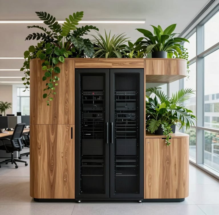 Architectural balanced view of a modern biophilic office, clean server cabinet integrated with warm wood panels and green indoor plants, soft natural daylight, 35mm editorial corporate photography