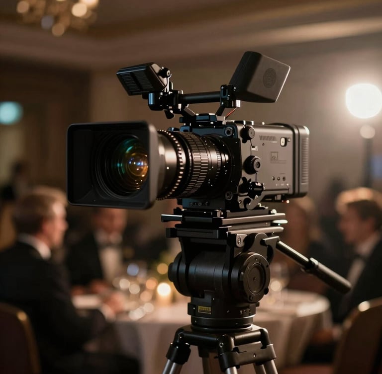 Close-up of a high-end cinema camera rig with anamorphic lens on a tripod, discreetly positioned at a corporate gala, dramatic low-key lighting, shallow depth of field, anamorphic lens flare.