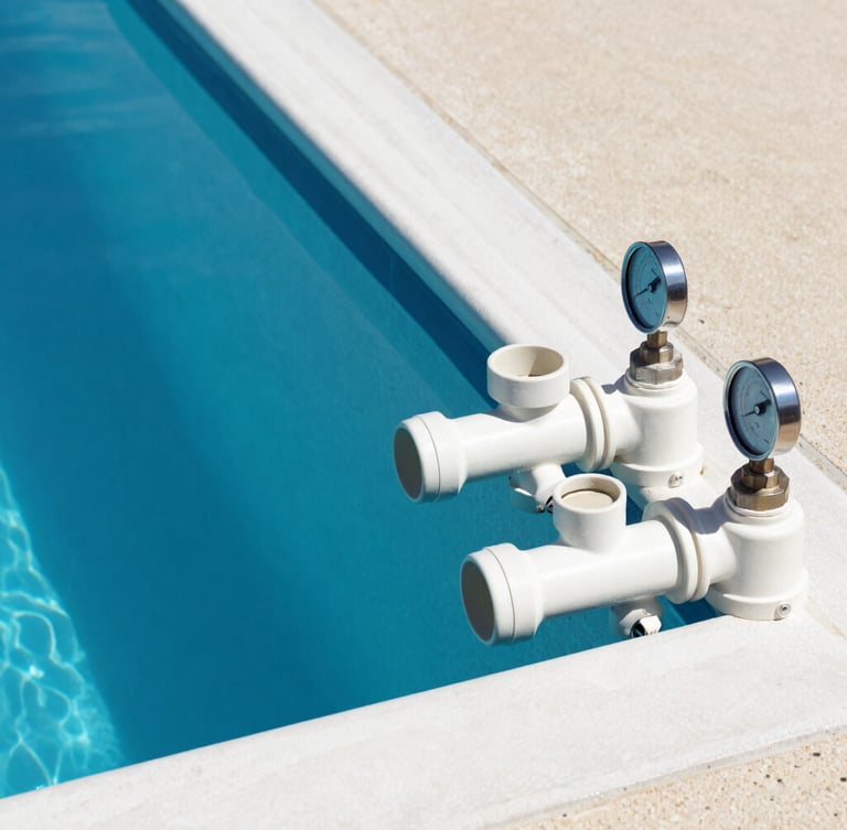 Crisp architectural pool photography, bright midday sun, deep blue water, clean geometric lines, close-up of clean PVC pipe manifolds and pump gauges on the right side of the frame, 35mm lens