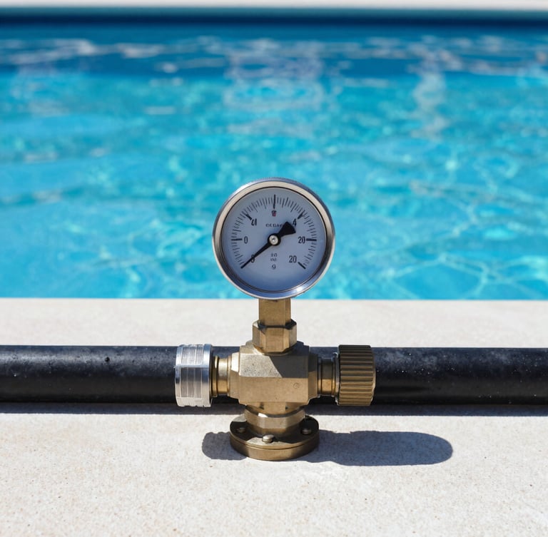 Straight-on technical shot of a clean pool pump pressure gauge showing perfect pressure, bright Florida midday sun, deep blue water surface reflecting in the background, 35mm lens.