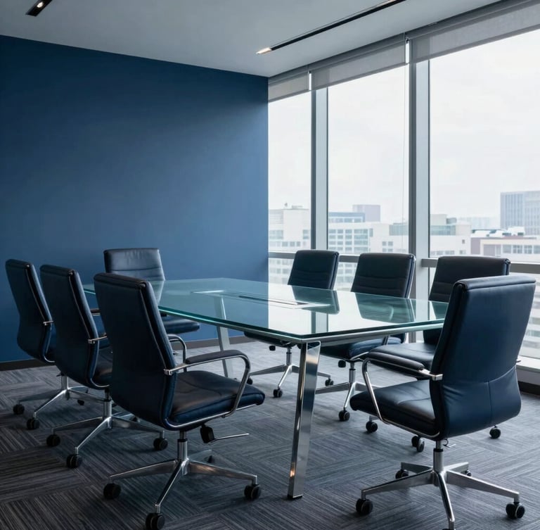 Editorial corporate photography, cool natural office light, deep blue and slate tones, sharp focus, 35mm, wide shot of modern corporate boardroom with empty leather chairs and clean glass table, negative space on left.