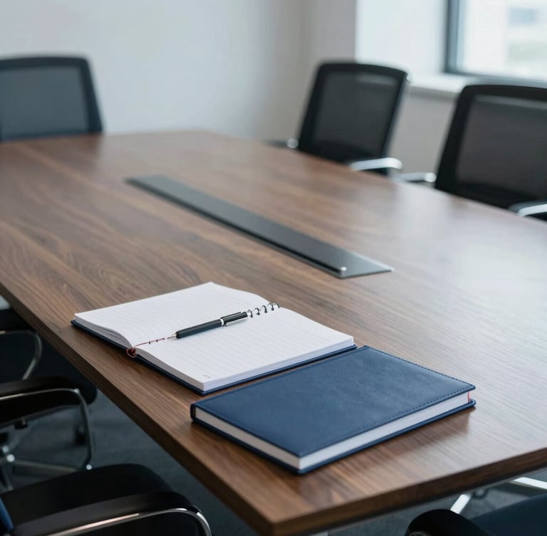 A sharp corporate boardroom with cool natural light, clean slate and navy tones, focusing on a structured wooden table with notebooks, professional 35mm photography