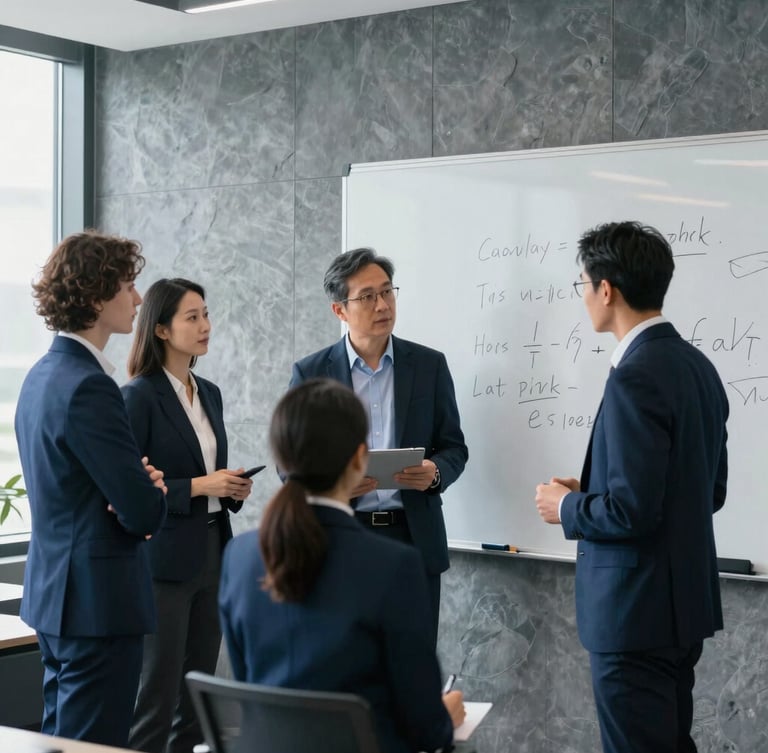 An executive workshop in a modern office, slate gray walls, cool natural light, professional leadership team collaborating around a white board, editorial corporate photography