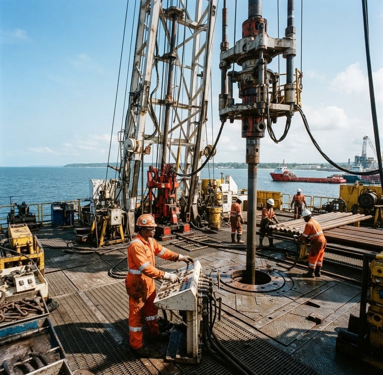 Wide shot of heavy machinery operating on an oil rig in Gamba, Gabon, under bright equatorial daylight. Workers in high-visibility PPE are visible in the background, sharp focus, professional documentary style, 35mm lens.