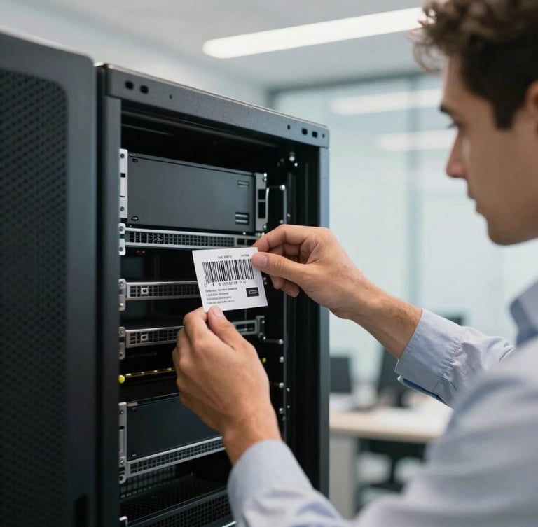 Close-up of a technician labeling a heavy server rack with a high-contrast barcode sticker inside a modern Abu Dhabi office, bright natural light.