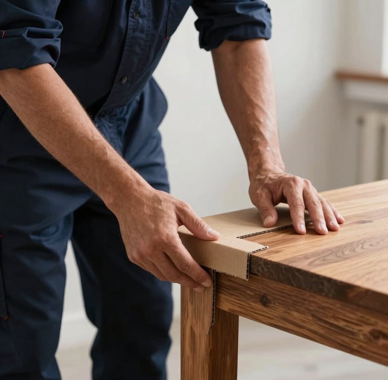 Close-up of a mover wearing a clean navy uniform applying thick protective cardboard corner guards to a polished wooden table joint, natural high-contrast lighting