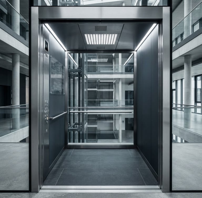 Straight-on high-contrast architectural elevation of a modern glass lift cabin interior, cool steel and slate tones, sharp technical blueprint details visible on the side, crisp studio lighting
