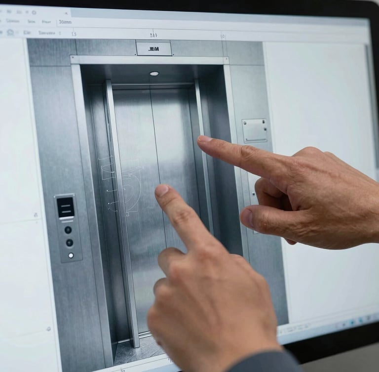 Close-up of an engineer's hands pointing at a detailed CAD drawing of an elevator shaft on a computer screen, crisp studio light, cool steel and slate tones, high-contrast technical blueprint aesthetic, 35mm