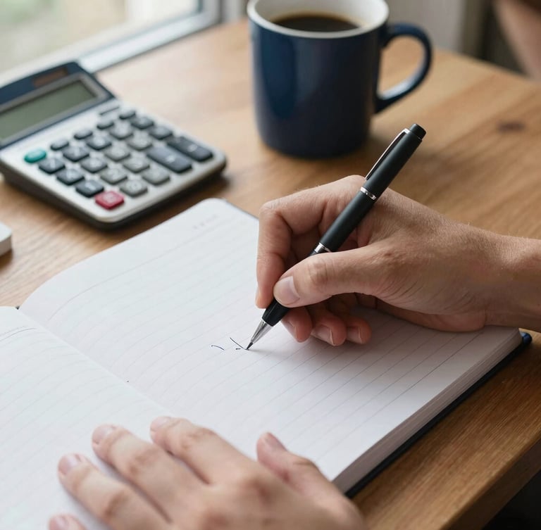 Close-up of hands writing neatly on a physical ledger, with a calculator and a cup of coffee nearby, soft natural window light, deep navy and amber tones, clean composition, 35mm lens, portrait aspect.