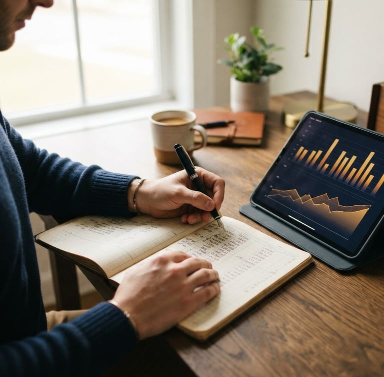 Hands writing on a physical ledger, a tablet showing clean financial charts nearby, in a modern organized workspace under natural window light, deep navy and amber tones, 35mm lens, editorial medium-close up, soft shadows.
