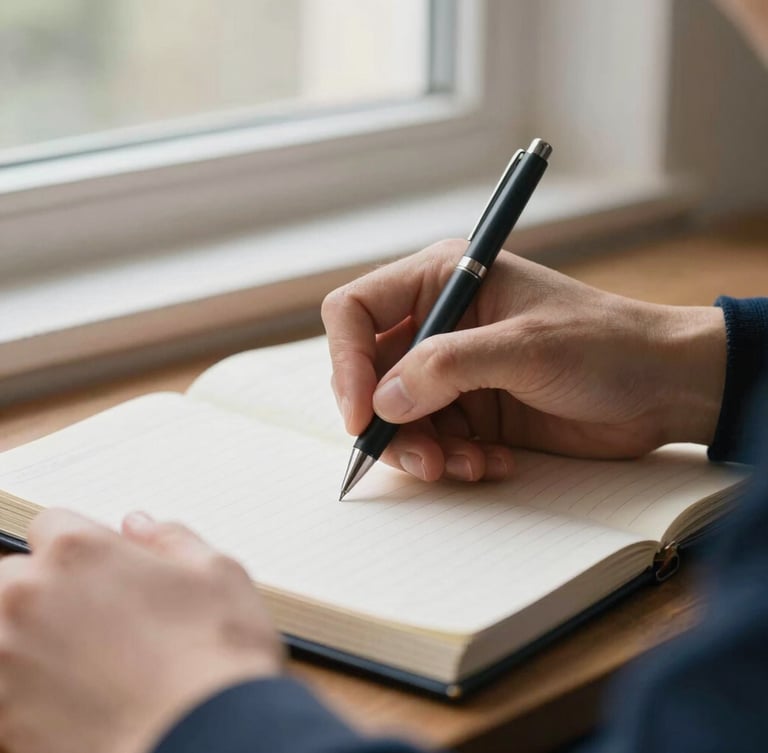 Close-up of hands working on a physical ledger with a pen, soft natural window light, deep navy and amber tones, clean composition, 35mm lens.