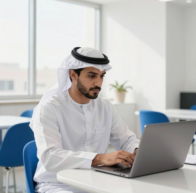 A medium-close environmental shot of a focused Arab professional working on a laptop in a modern, sunlit Muscat co-working space, soft morning daylight, clean white and electric blue accents, sharp focus, 35mm