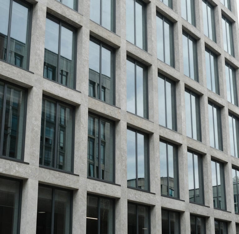 Architectural close-up of a modern glass and concrete international court building, clean lines, cool daylight reflecting off the facade.