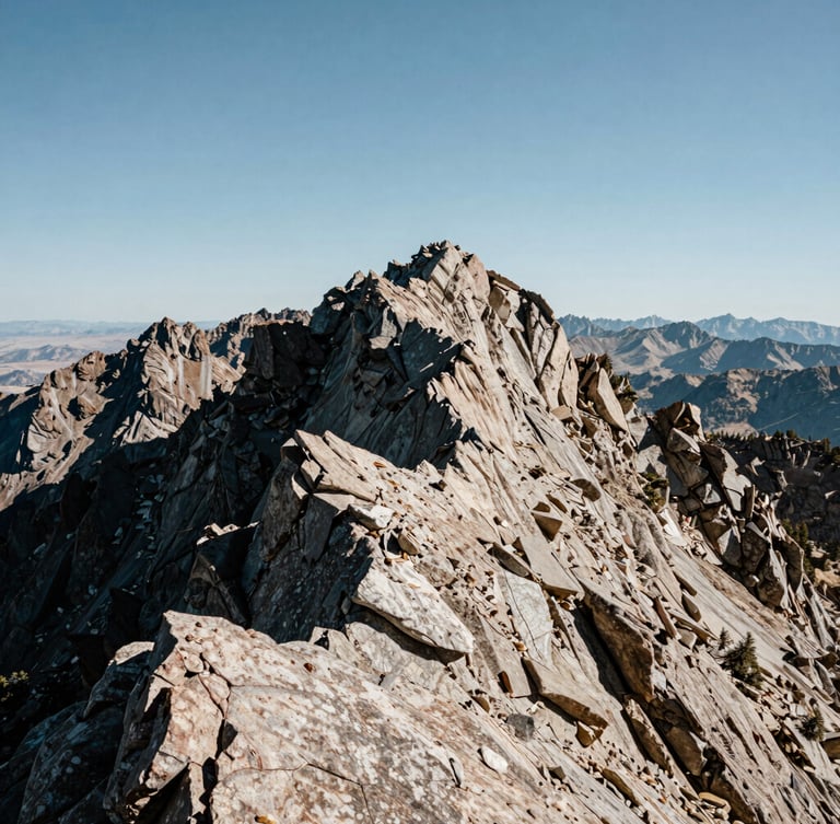 Wide-angle daylight shot of rugged Wasatch mountain peaks in Utah, sharp rocky textures in the foreground, off-center framing with negative space on the left, crisp natural lighting.