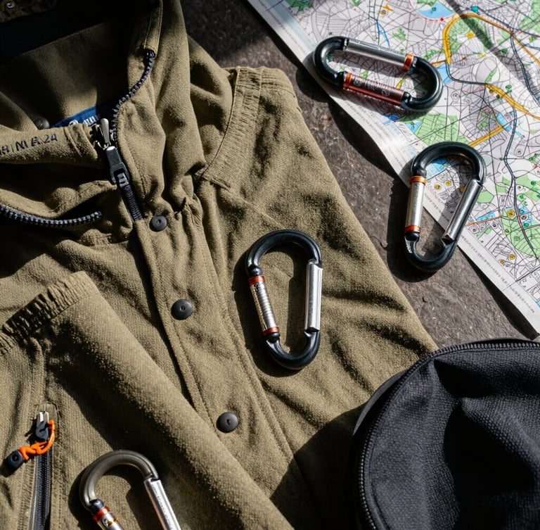 Flat lay of custom climbing apparel, rugged canvas fabrics, carabiners, and topographic maps under natural high-contrast sunlight.
