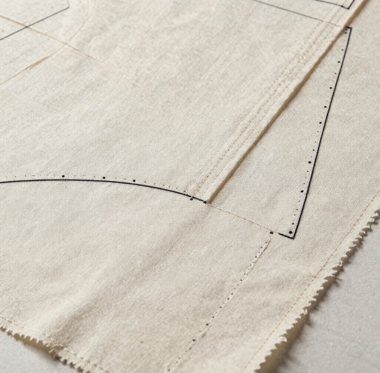 Diffused studio light on a technical garment pattern overlaying a heavy canvas fabric swatch, showing precise stitching details.