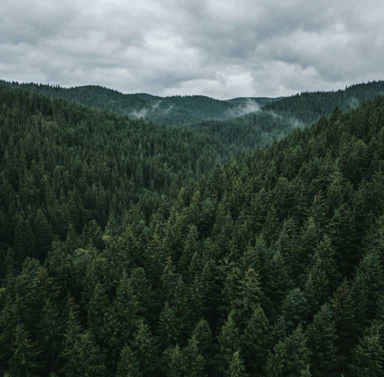 Aerial drone shot of a dense, deep green pine forest canopy under misty overcast daylight, clean and majestic, cinematic editorial photography, 35mm lens